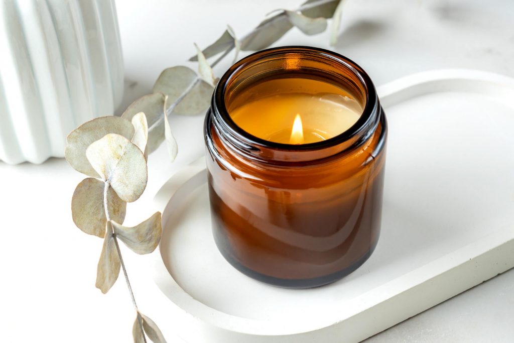 handmade scented candle glass concrete tray soy wax candles with wooden wick close up